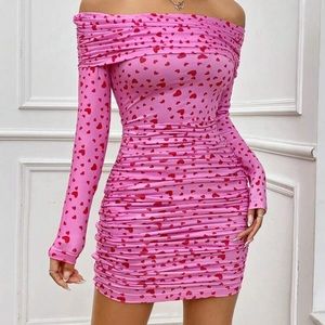 Off Shoulder Pink Heart Print Dress